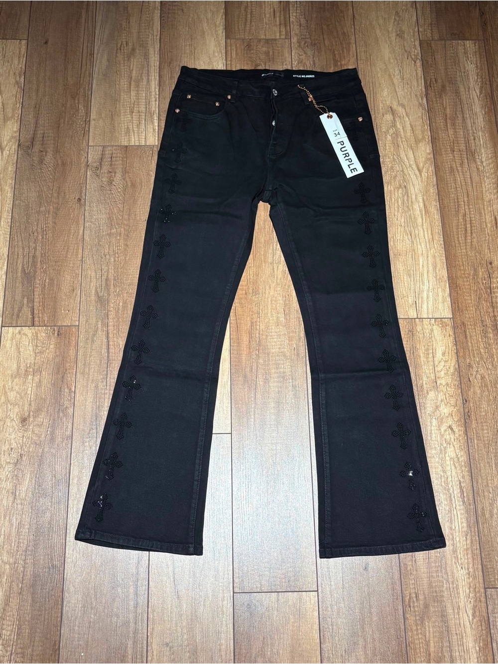 Purple Brand Mens Black Flared Jeans with Crosses on sides Brand New Waist 34